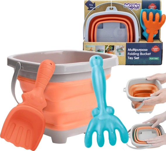 Zusammenklappbarer Silikoneimer mit Schaufel und Harke WOOPIE, orange 5 l