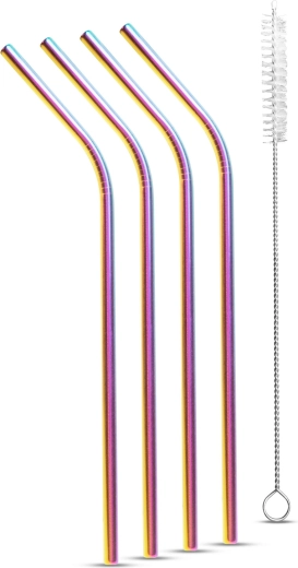 Set aus Edelstahl-Trinkhalmen in Titan-Regenbogenfarbe mit Reinigungsbürste, 5 Stück