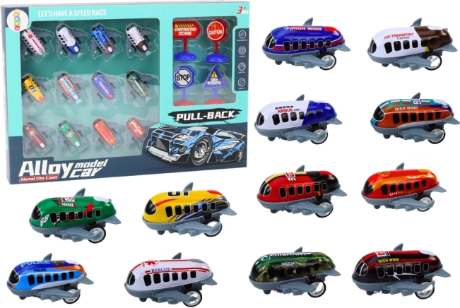 Satz von 12 Flugzeugspielzeugen mit Antrieb und Verkehrsschildern