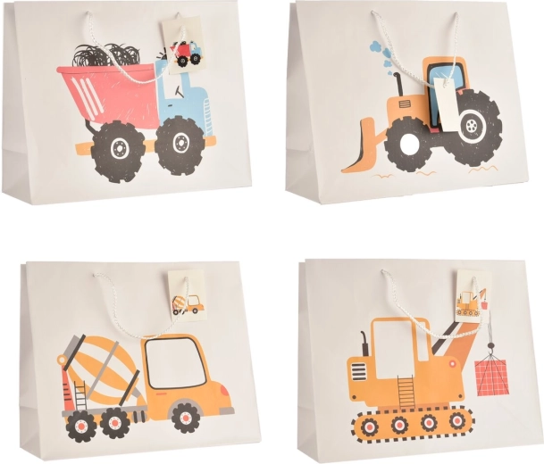 Geschenktüte Baustellenfahrzeuge 26 × 10 × 32 cm (Mix aus 4 Designs)