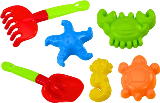 Sandspielzeug-Set mit Schaufel, Rechen und Förmchen