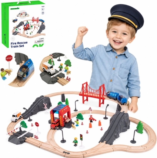 Tooky Toy elektrische Holzeisenbahn mit Feuerwehrstation und Soundeffekten, 70 Teile, FSC