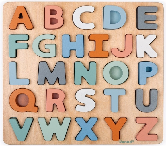 Holzpuzzle Alphabet mit Tafel JANOD