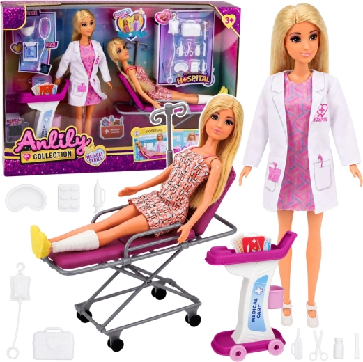 Anlily Collection Set: Arztpuppe mit Patientin, Krankenhausbett und medizinischer Wagen