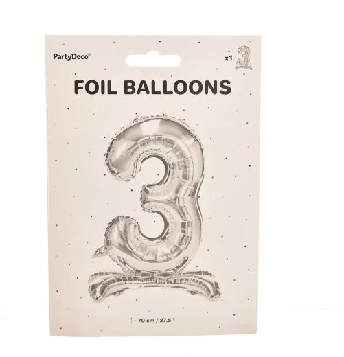 Stehender Folienballon Zahl 3, silbern, 70 cm