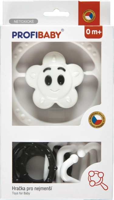 Schwarz-weiße Rassel-Set – Kinderwagenkette und Rassel Stern/Blume