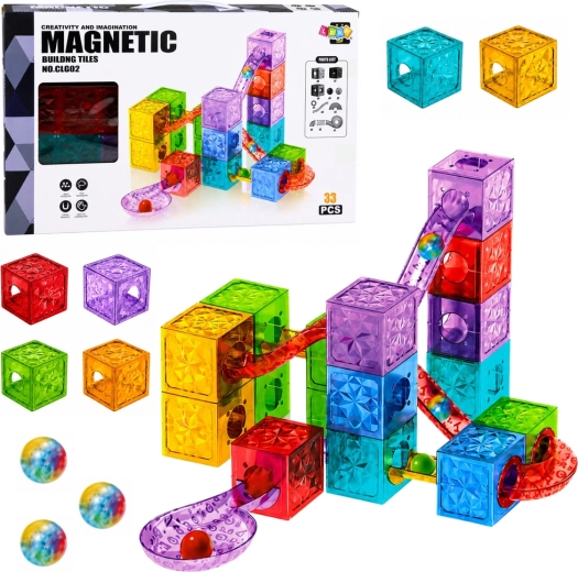 Magnetisches Konstruktionsspielzeug – bunte transparente Würfel mit Kugelbahn (33 Teile)