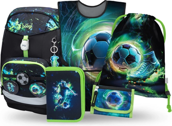 Školní Set BAAGL Airy Plus Fußball – Rucksack, Federmäppchen, Beutel, Schürze und Geldbeutel