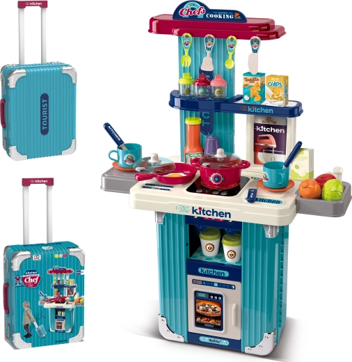 2-in-1 Koffer und Kinderküche mit Zubehör – Blau