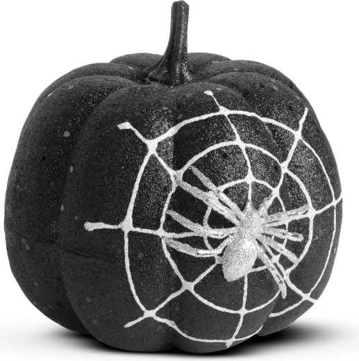 Halloween-Dekoration Kürbis mit Spinne und schwarzem Glitzer 15 cm