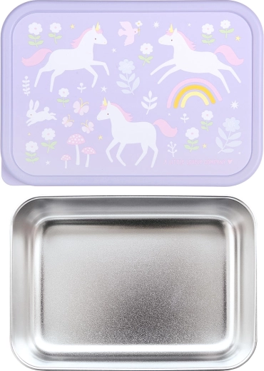 A Little Lovely Company Edelstahl-Brotdose mit Kunststoffdeckel – Einhörner und Regenbogen