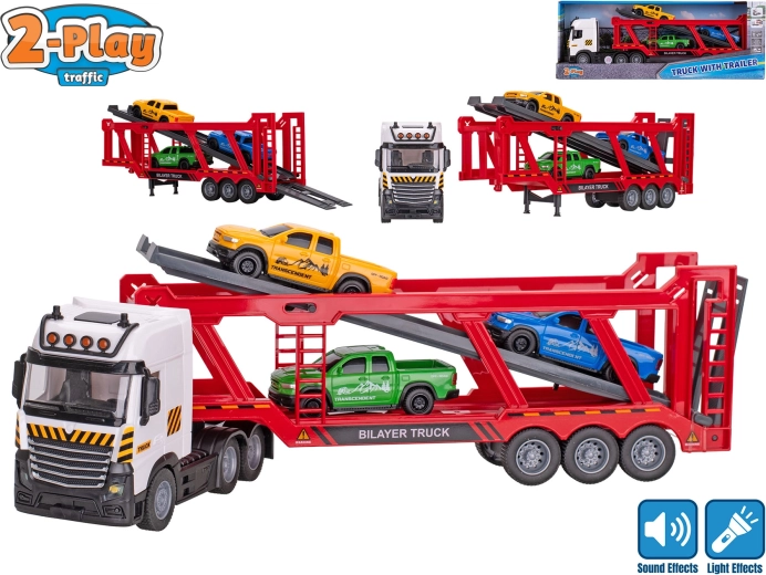 2-Play Traffic Autotransporter mit Schwungradantrieb mit Licht und Sound + 3 Autos 38 cm