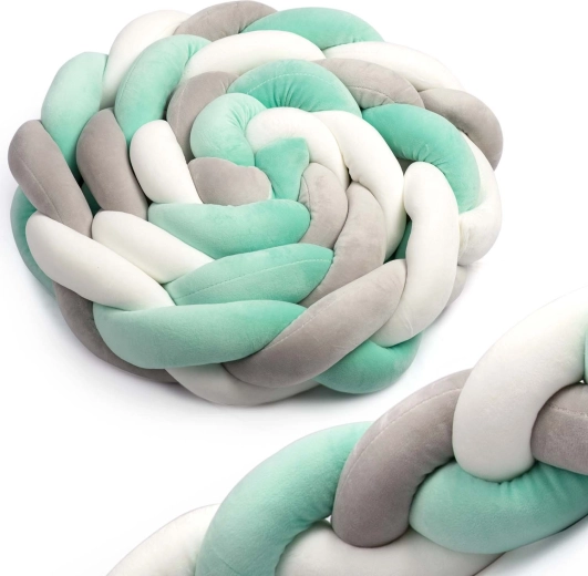 Geflochtener Bettschlangen‑Kantenschutz Ricokids 2 m – mint‑grau