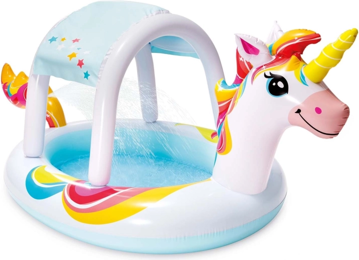 Aufblasbares Kinderbecken Einhorn mit Sonnendach und Fontäne Intex – 1 Stück