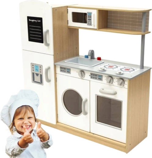 Holz-Kinderküche in Weiß und Naturfarbe mit Kreidetafel zum Schreiben