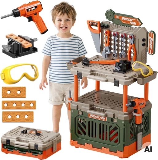 Woopie Kinder-Werkbank 4-in-1 mit elektrischer Bohrmaschine und Zubehör 90 Stk.