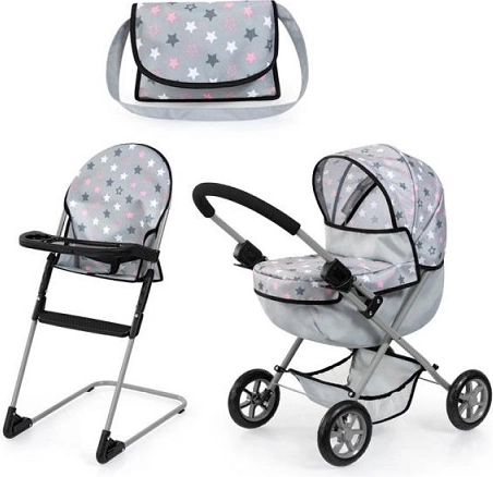 Bayer Set: Puppenwagen mit Hochstuhl und Tasche, grau mit Sternchen