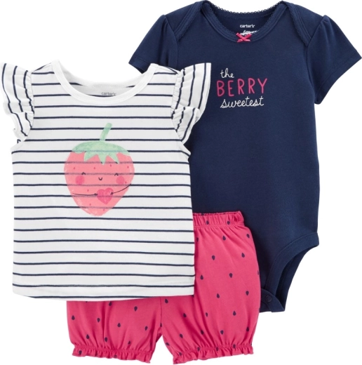 Mädchen 3-teiliges Sommer-Set STRAWBERRY STRIPES aus Baumwolle (Body, T‑Shirt, Shorts)