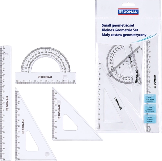 Kleines Geometrie-Set DONAU mit Lineal 20 cm, Geodreiecken und Winkelmesser, transparent – 1 Stück