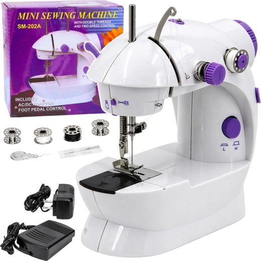 Tragbare Mini-Nähmaschine mit LED-Beleuchtung, 2 Geschwindigkeiten und Fußpedal