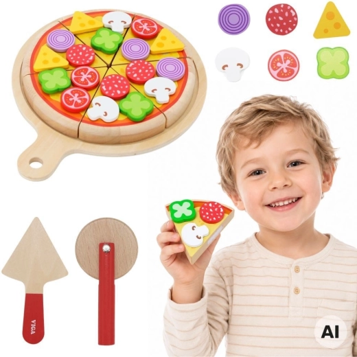 Viga Holz-Pizza-Set zum Schneiden und Servieren für Kinder, 27 Teile, 18m+
