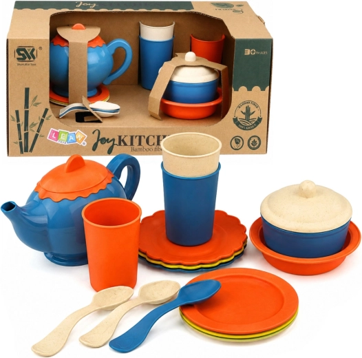 Kinder-Teeservice aus Bambusfaser-Geschirr, 15-teilig, blau-orange
