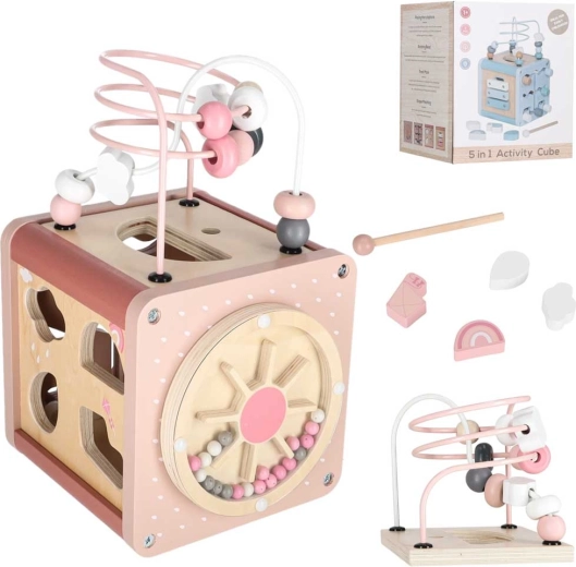 Pädagogischer Aktivitätswürfel aus Holz 5-in-1, rosa
