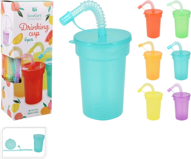 Plastbecher mit Deckel und Trinkhalm 380 ml, Farbmix, Set 6 Stk.