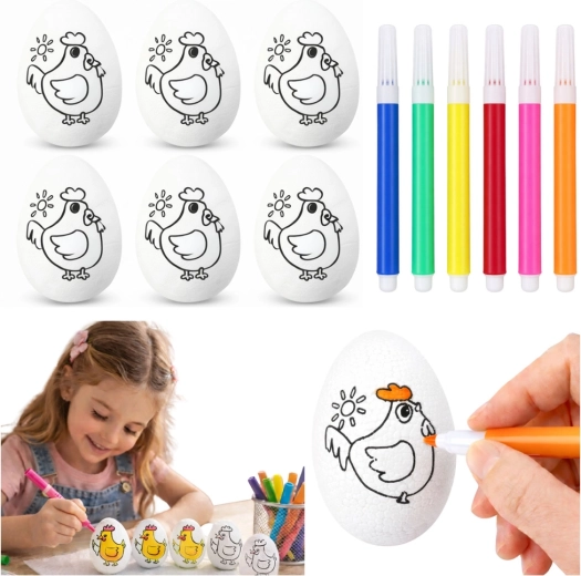 Österliche Styroporeier zum Ausmalen mit Filzstiften und Hühner-Motiv – 6 Stück