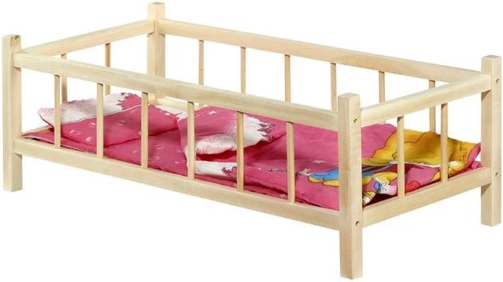 Großes Holzpuppenbett mit Bettwäsche