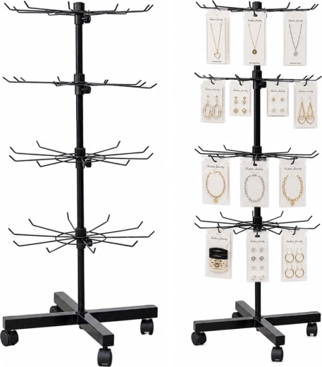 Drehbarer 4-stöckiger Präsentationsständer mit Haken auf Rollen, schwarz 40 × 150 cm