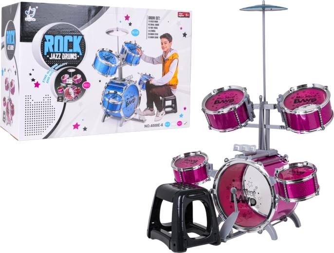 Großes Kinder-Schlagzeugset Rock Band, rosa, mit Hocker