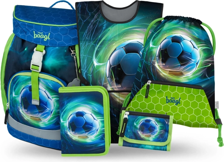 Baagl Schulset Airy Fußball Ball – Rucksack, Federmäppchen, Beutel, Schürze und Geldbörse
