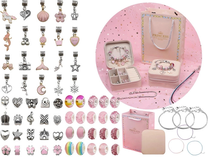 Set zum Basteln von Schmuck und Armbändern mit Anhängern und Perlen in Rosatönen mit Etui