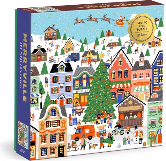 Galison metallisches quadratisches Puzzle mit verschneitem Städtchen, 500 Teile