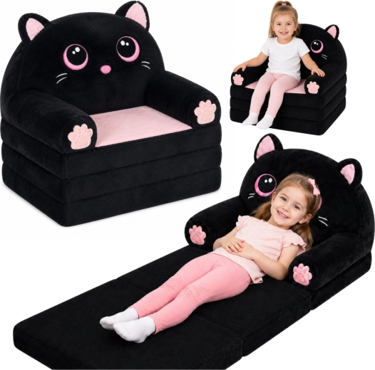 Ausklappbarer Kinder-Sessel 2-in-1 Katze – Plüsch, Schwarz