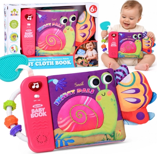 Interaktives sensorisches Stoffbuch für Babys – Schnecke und Insekten mit Melodien, Licht, Spiegel und Beißring