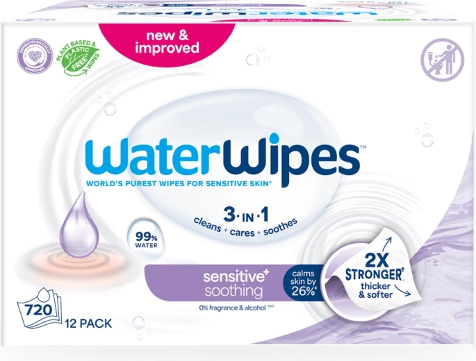 WaterWipes Soothing Clean 3-in-1 Feuchttücher mit Lavendel, 60 Stück – 12 Packungen