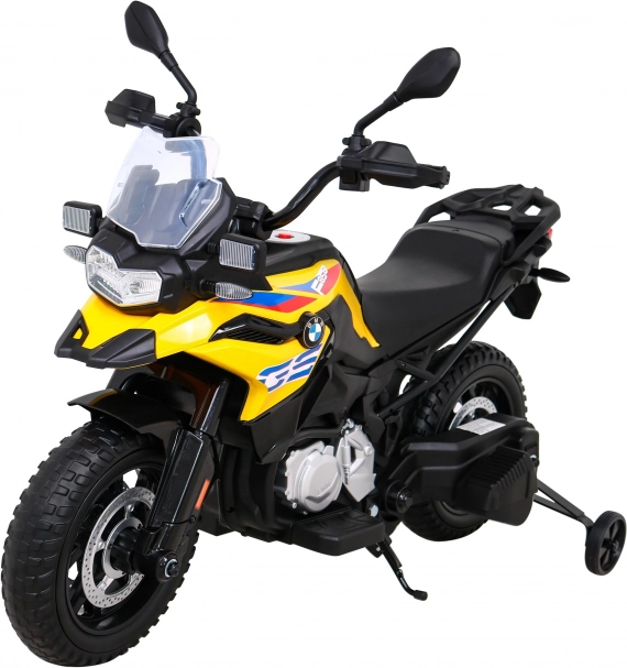Elektrisches Kinder-Motorrad BMW F850 GS gelb mit Stützrädern, LED und Audio