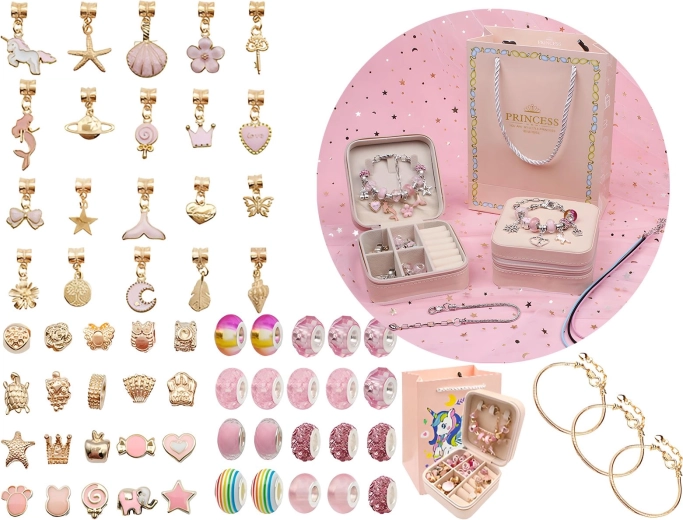Set zum Basteln von Schmuck und Armbändern mit Anhängern und Perlen in Rosatönen