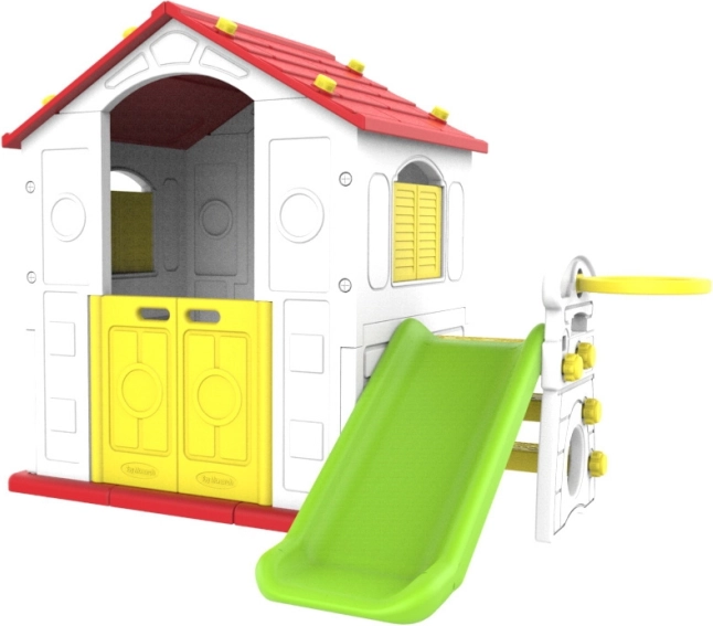 Kindergartenhaus mit rotem Dach, Rutsche und Basketball