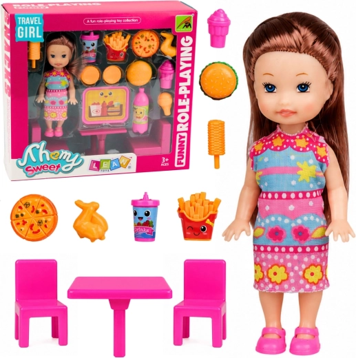 Mini-Puppe mit Fast-Food-Set, Tisch und 2 Stühlen (11 cm)