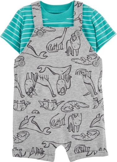 Carter's zweiteiliges Set: Kurzarmshirt und Hosenträger-Shorts in Grau mit Dinos, Gr. 56 (NB)