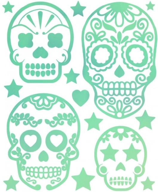 Fluoreszierende Bügelbilder – großer Bogen mit Totenkopfmotiven
