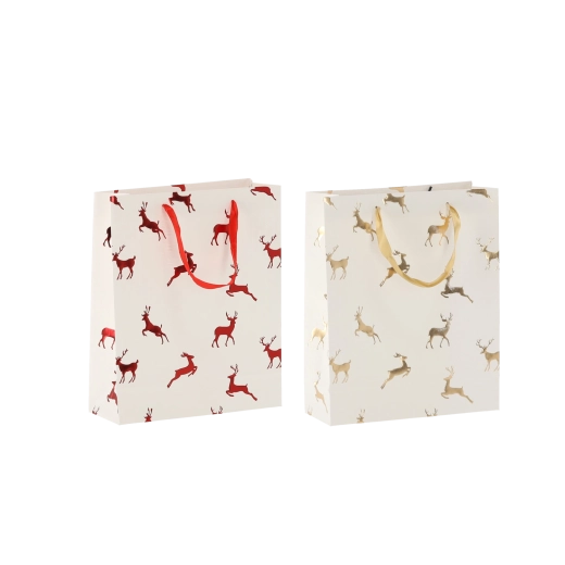 Weihnachtliche Geschenktasche mit Rentieren, cremefarben, 18 × 24 × 8 cm