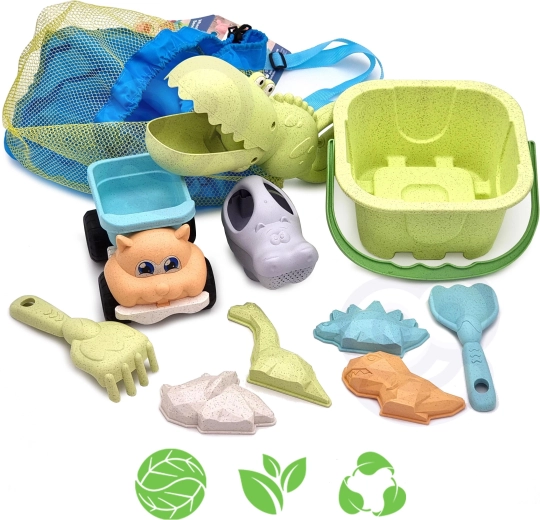 Woopie Green umweltfreundliches Sandset mit Eimer und Krokodil-Schaufel, 10 Teile im Rucksack