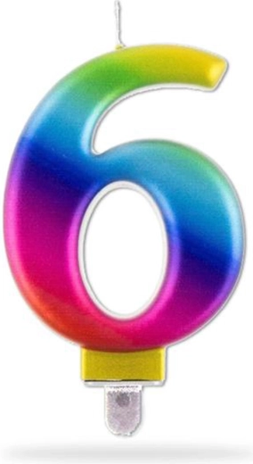 Regenbogen-Geburtstagskerze Zahl 6 für Torte, 7,5 cm