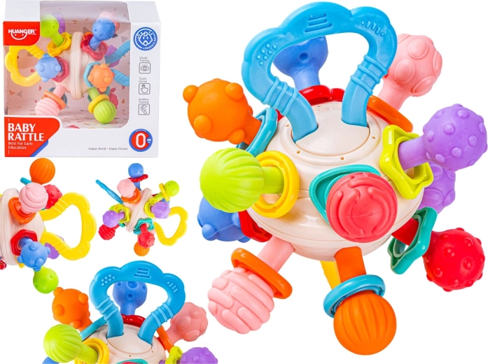 Buntes sensorisches Spielzeug – Beißring und Rassel in Kugelform – 1 Stück