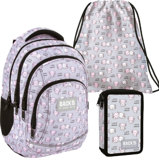 Schulset BackUP Axolot Love 3-in-1 – Rucksack, bestücktes Federmäppchen und Turnbeutel