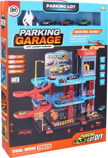 Parkgarage mit 2 Ebenen mit Aufzug, 3 Metallautos und Helikopter